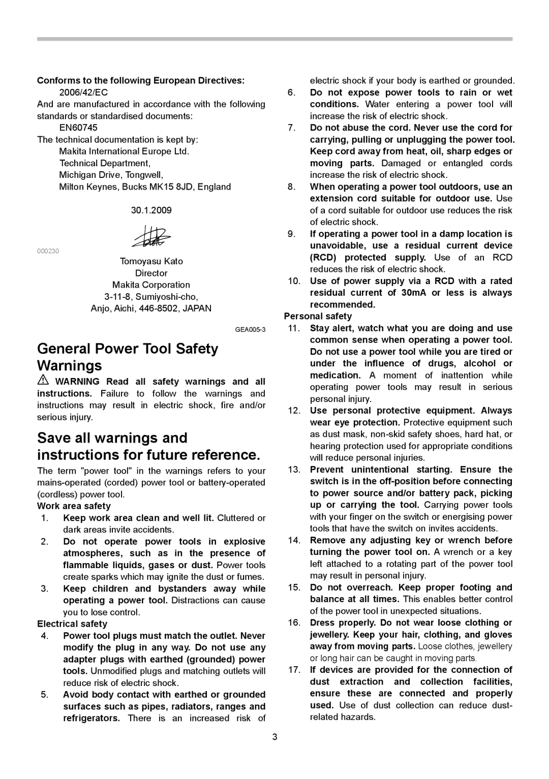 Makita RP0900 General Power Tool Safety Warnings, Conforms to the following European Directives 2006/42/EC 