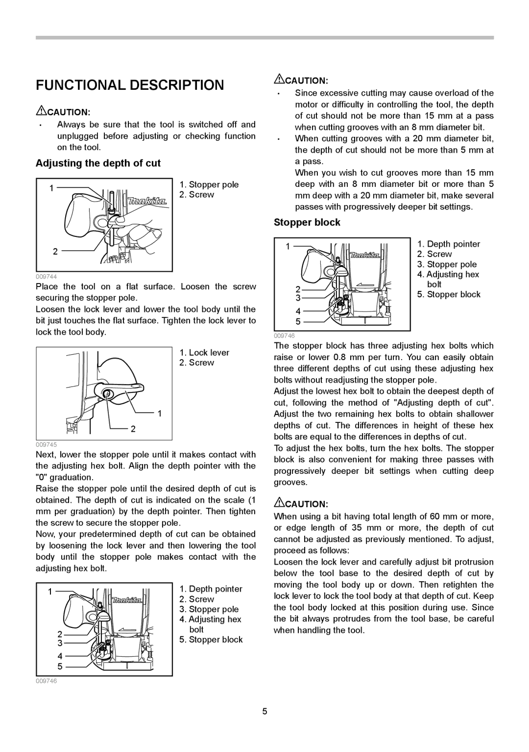 Makita RP0900 instruction manual Functional Description, Adjusting the depth of cut, Stopper block 