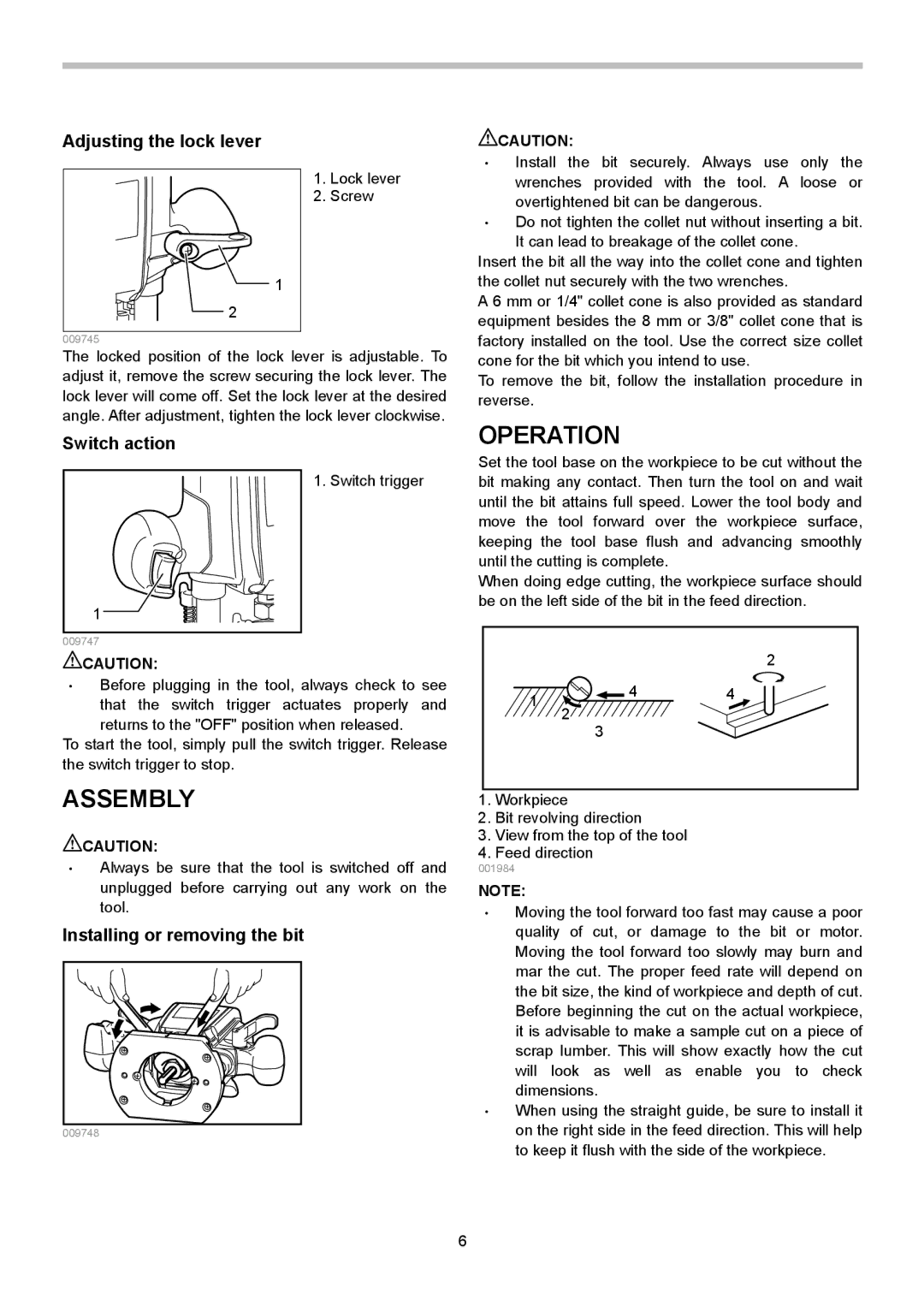 Makita RP0900 Operation, Assembly, Adjusting the lock lever, Switch action, Installing or removing the bit 