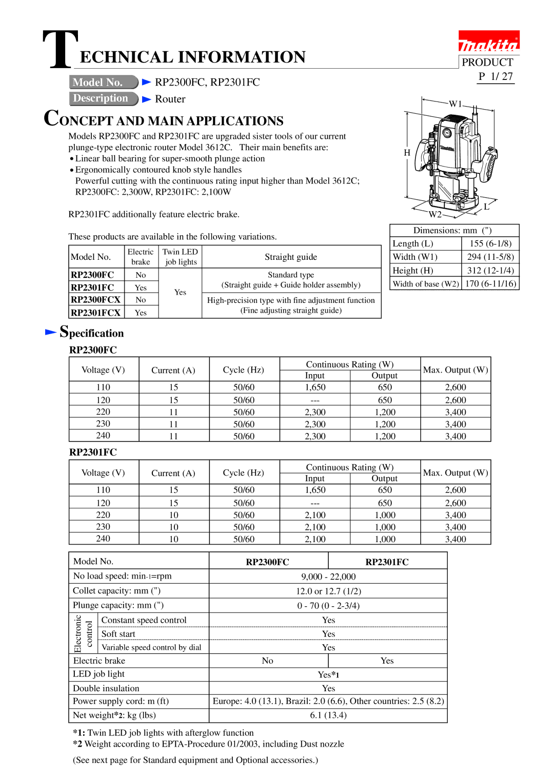 Makita RP2300FC, RP2301FC dimensions Echnical Information, Specification 