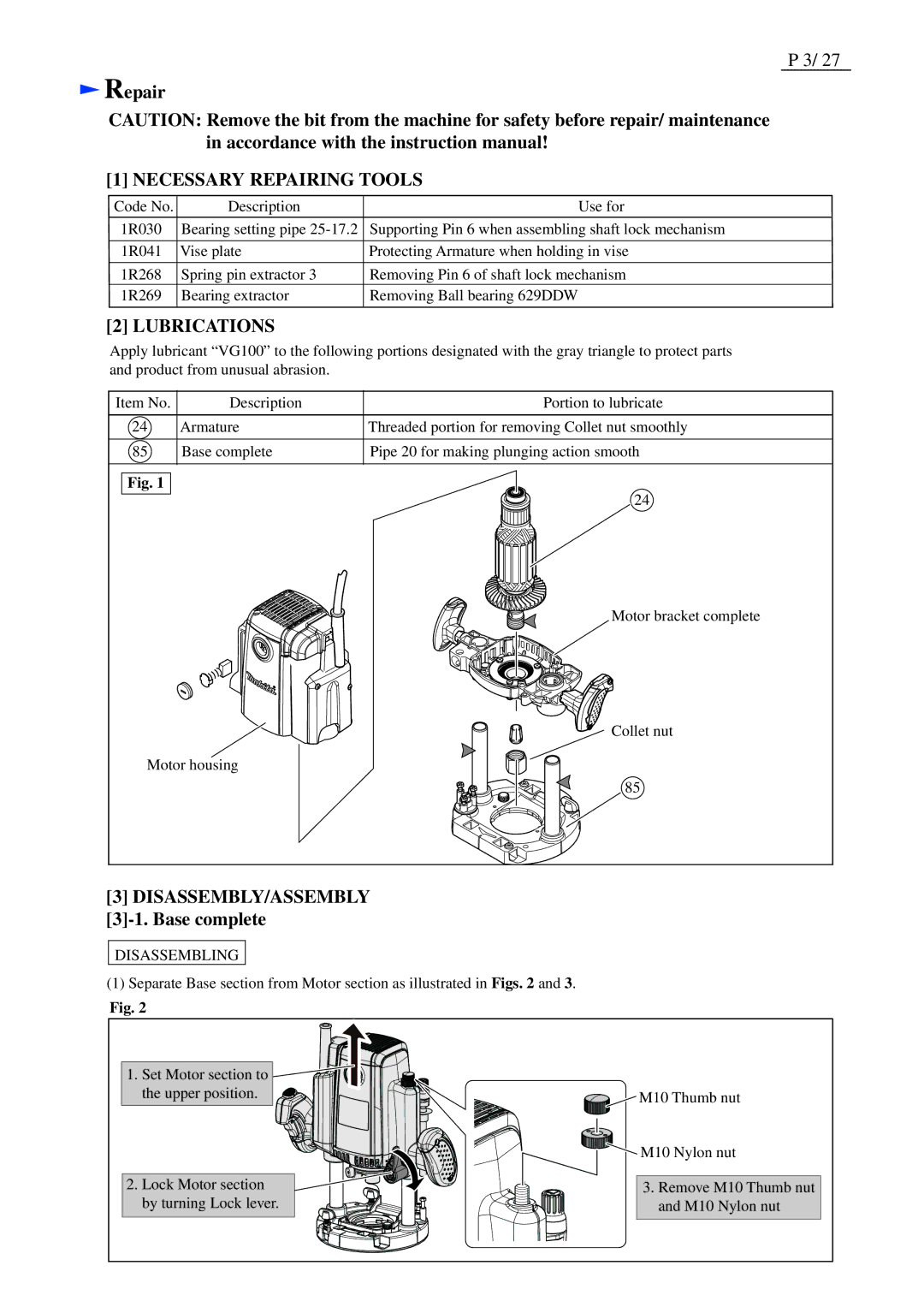 Makita RP2300FC, RP2301FC dimensions Repair, Base complete 