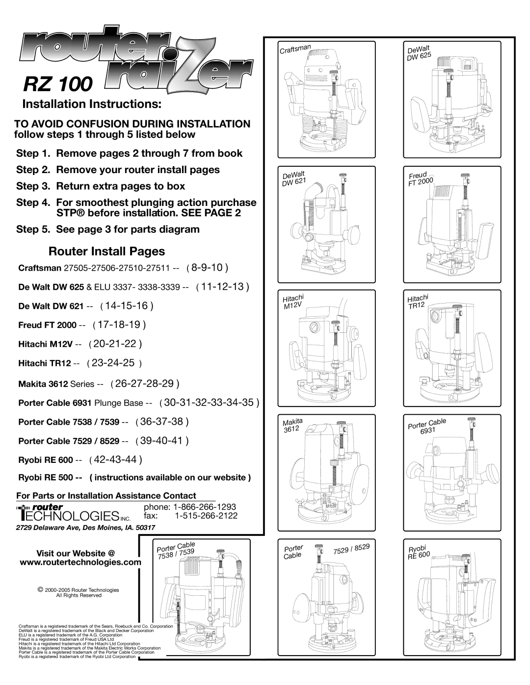 Makita RZ 100 installation instructions Installation Instructions, Router Install Pages, Makita 3612 Series 