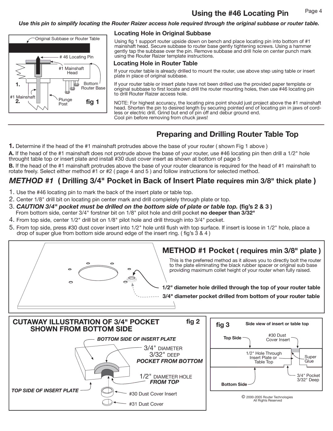 Makita RZ 100 installation instructions Using the #46 Locating Pin, Preparing and Drilling Router Table Top, Deep 