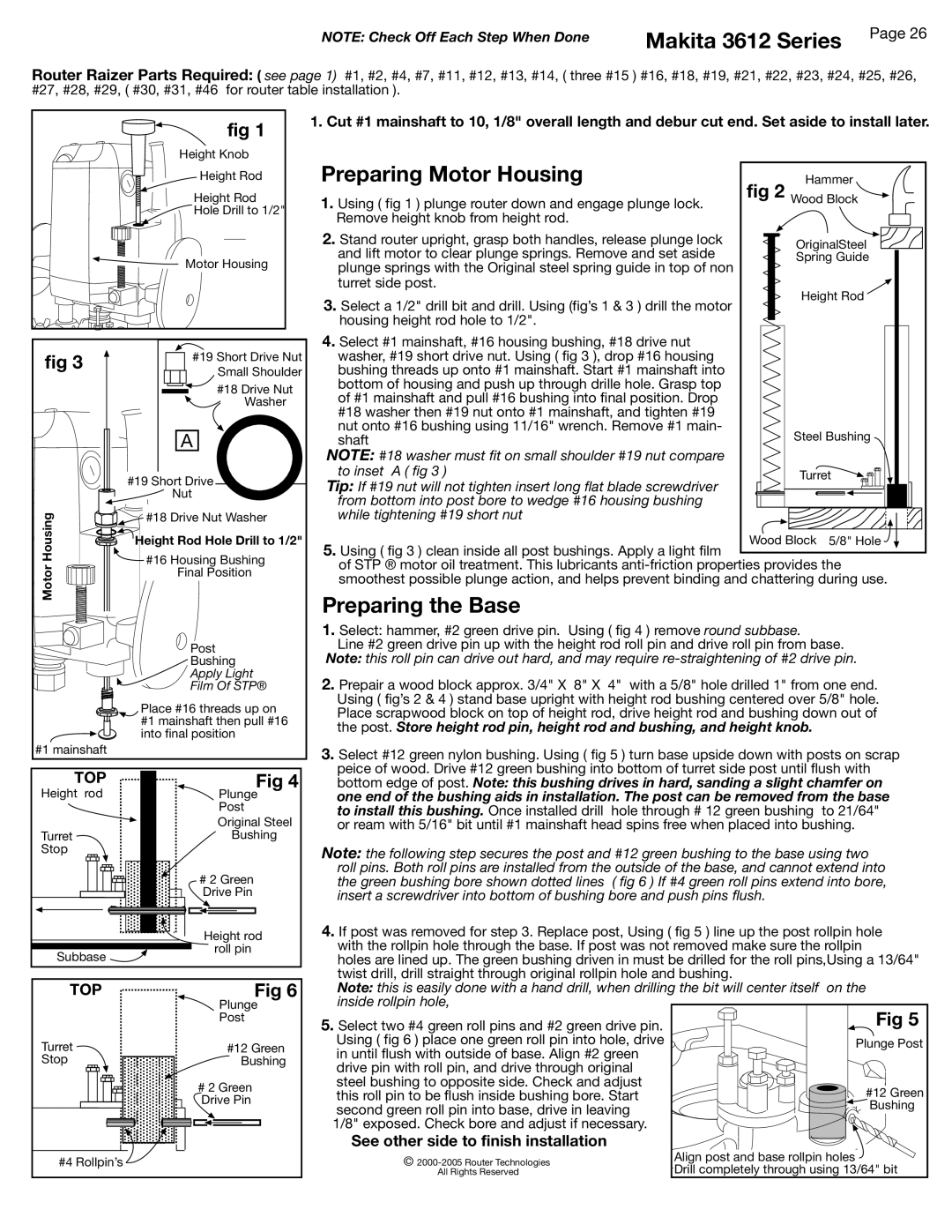 Makita RZ 100 installation instructions Preparing Motor Housing, Preparing the Base, See other side to finish installation 