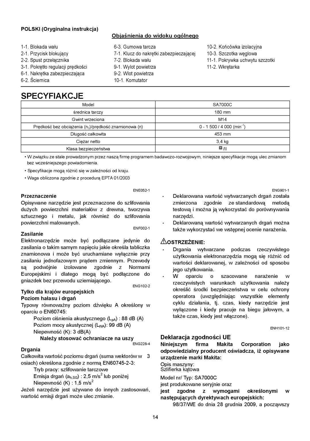 Makita SA7000C instruction manual Specyfiakcje, Deklaracja zgodności UE, Objaśnienia do widoku ogólnego, Ostrzeżenie 