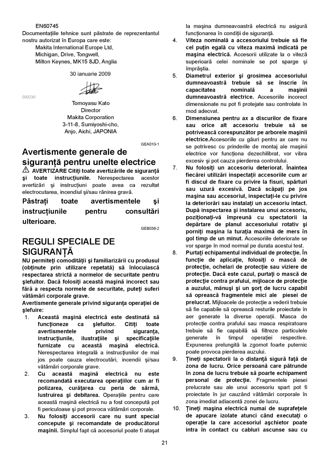 Makita SA7000C instruction manual Reguli Speciale DE Siguranţă, Avertismente generale de siguranţă pentru unelte electrice 