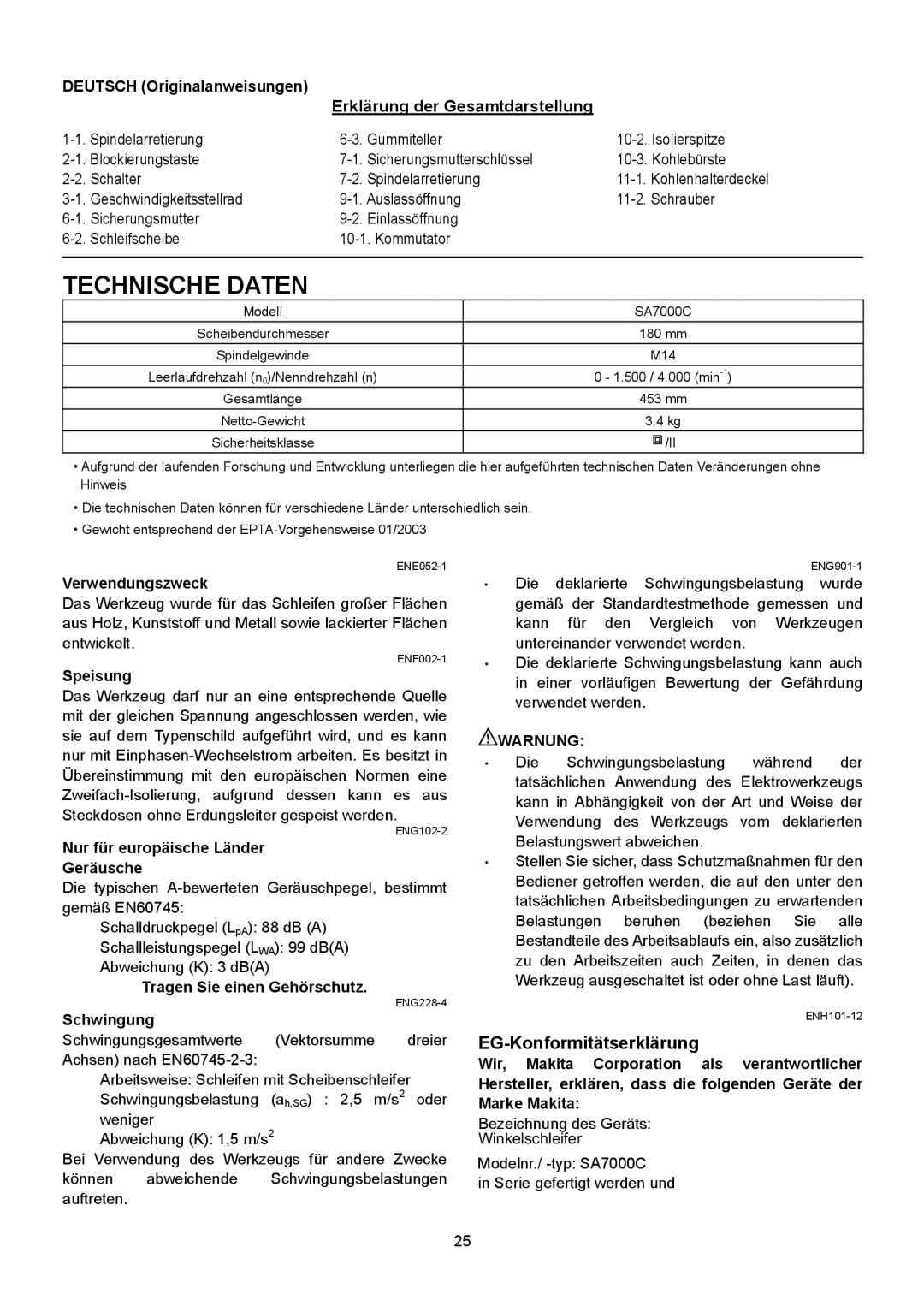 Makita SA7000C instruction manual Technische Daten, EG-Konformitätserklärung, Erklärung der Gesamtdarstellung, Warnung 