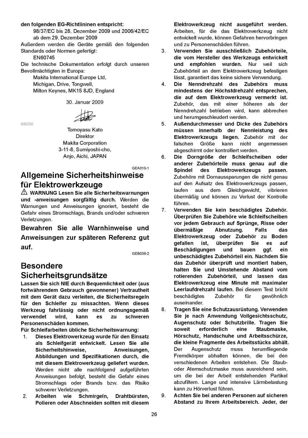 Makita SA7000C instruction manual Allgemeine Sicherheitshinweise für Elektrowerkzeuge, Besondere Sicherheitsgrundsätze 