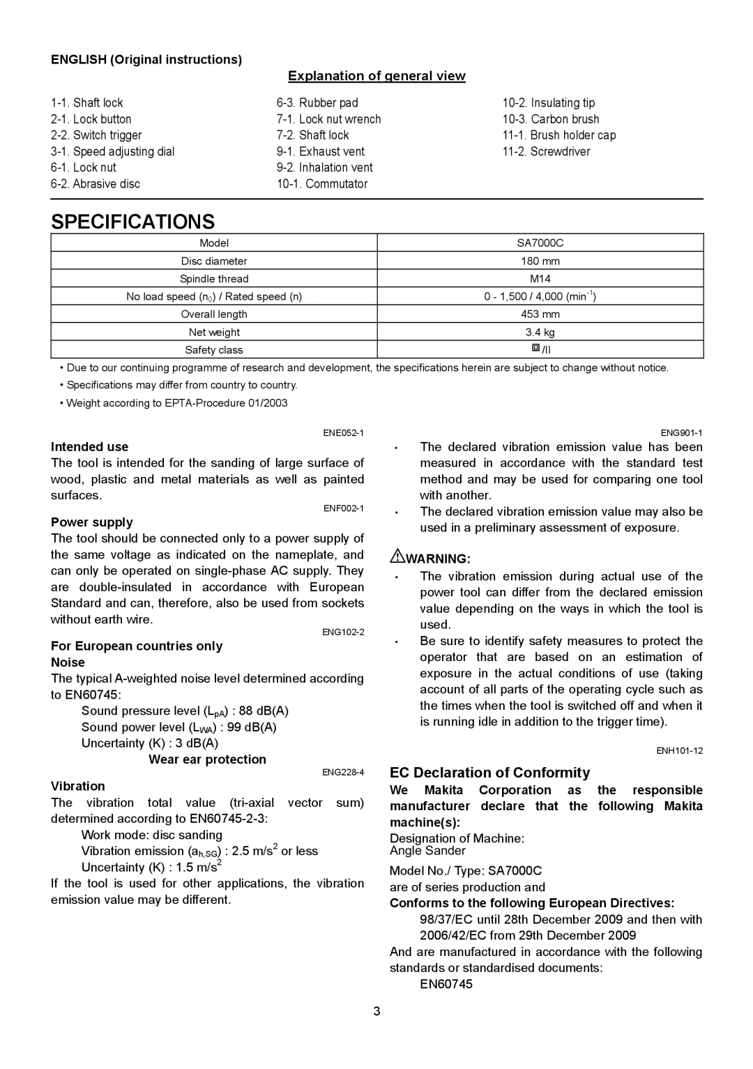 Makita SA7000C instruction manual Specifications, EC Declaration of Conformity, Explanation of general view 