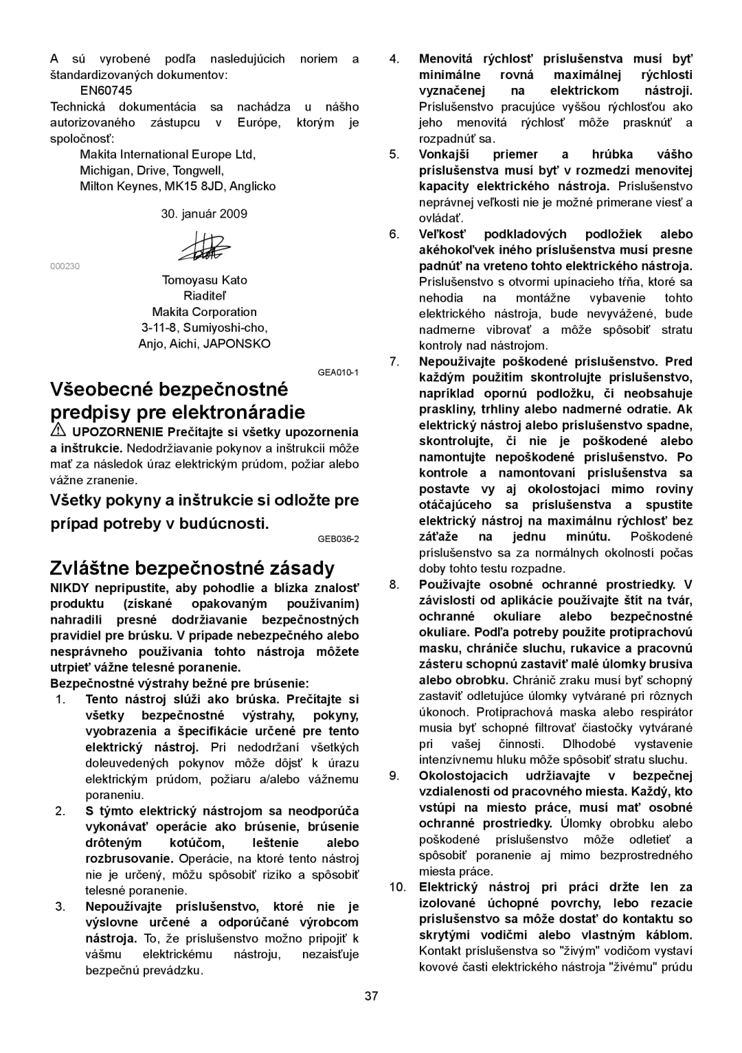 Makita SA7000C instruction manual Všeobecné bezpečnostné predpisy pre elektronáradie, Zvláštne bezpečnostné zásady 