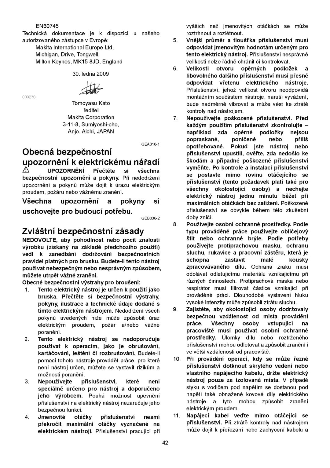 Makita SA7000C instruction manual Obecná bezpečnostní Upozornění k elektrickému nářadí, Zvláštní bezpečnostní zásady 