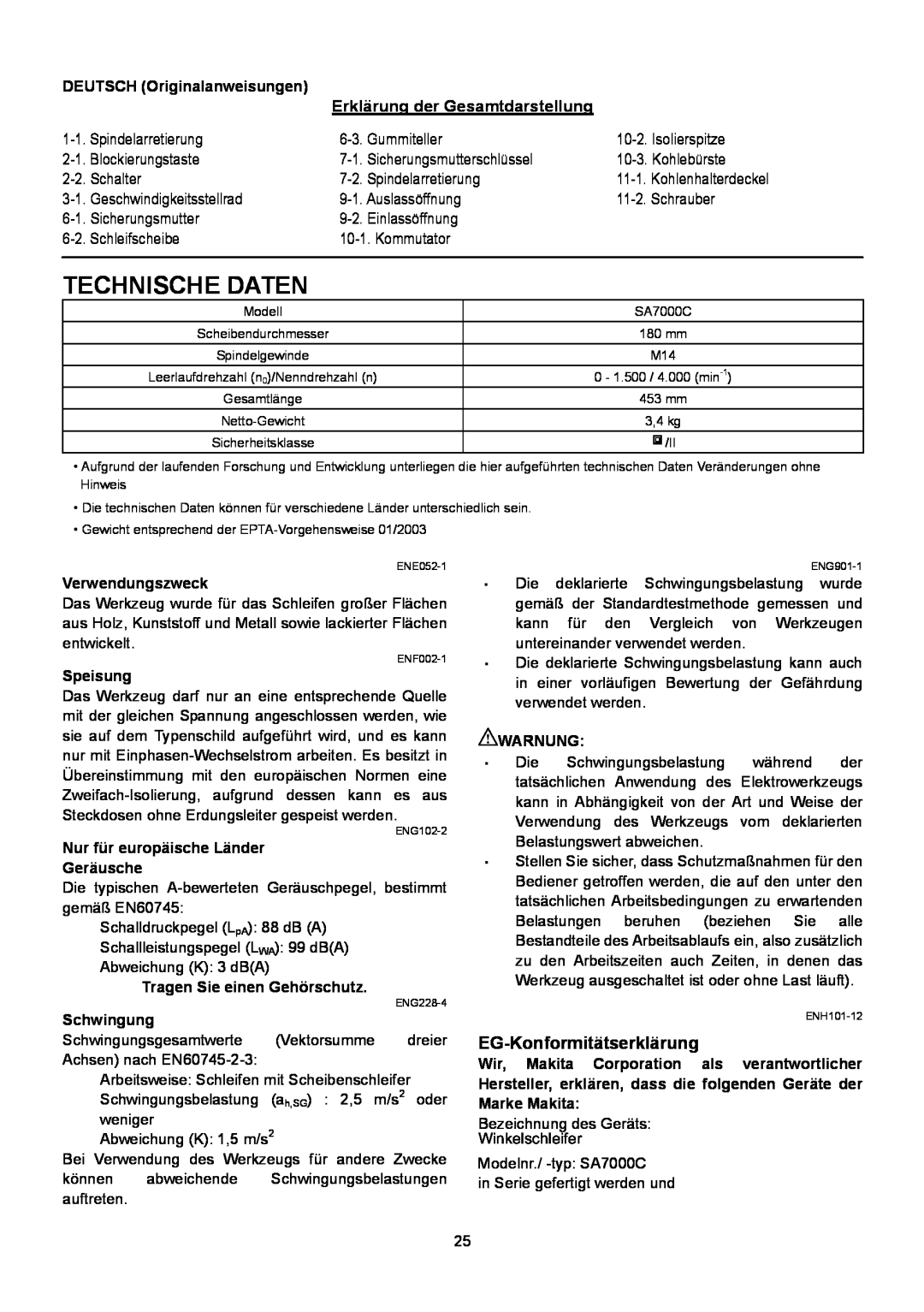 Makita SA7000C instruction manual Technische Daten, EG-Konformitätserklärung, Erklärung der Gesamtdarstellung 