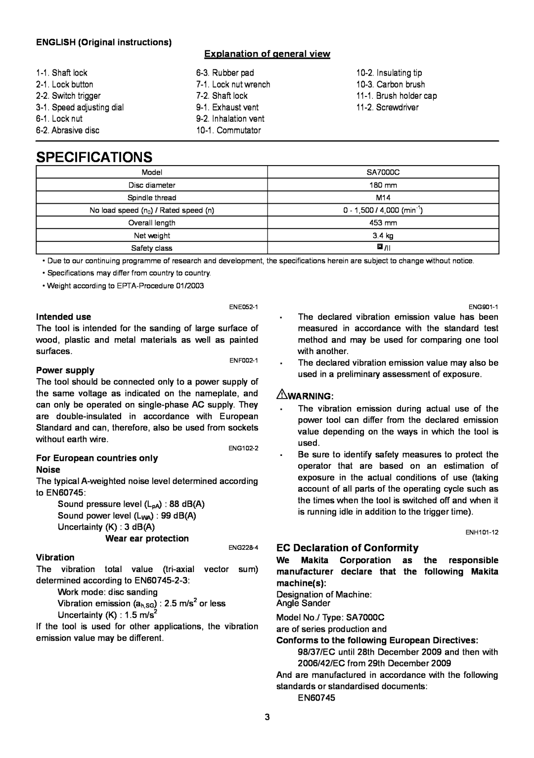 Makita SA7000C instruction manual Specifications, EC Declaration of Conformity, Explanation of general view 