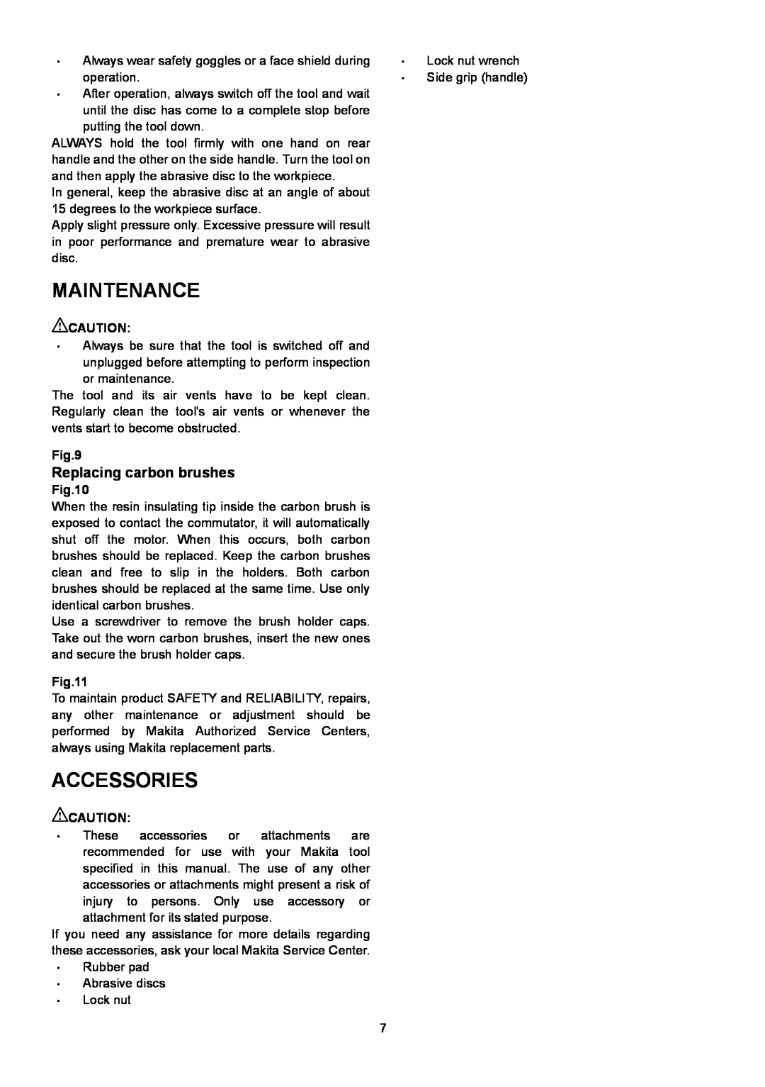 Makita SA7000C instruction manual Maintenance, Accessories, Replacing carbon brushes 