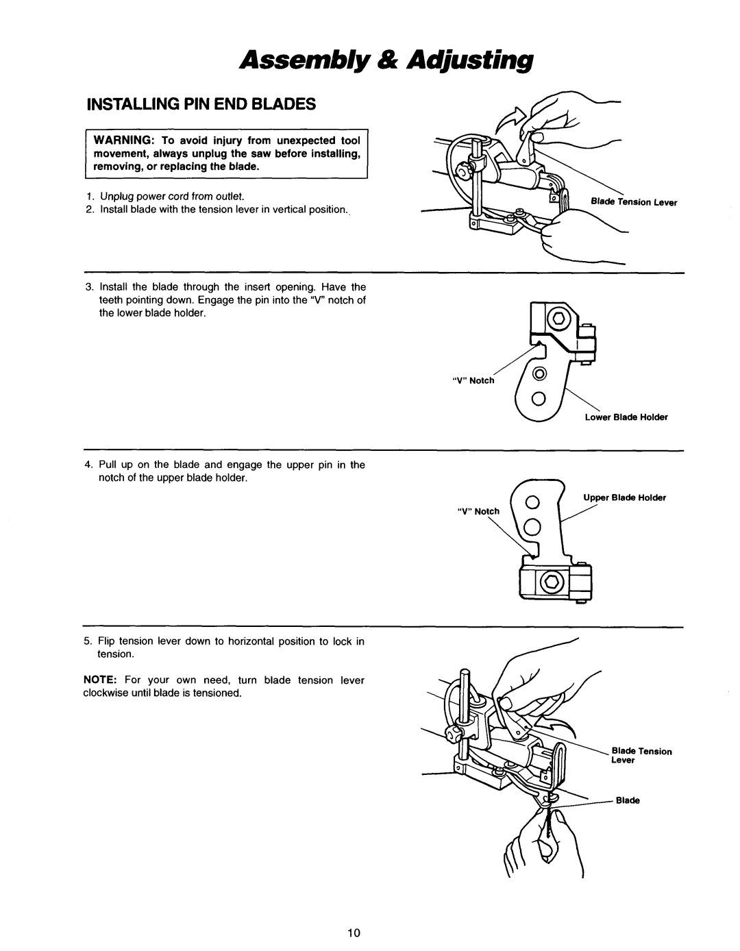 Makita SJ401 instruction manual Assemb/y & Adjusting, Installing PIN END Blades 