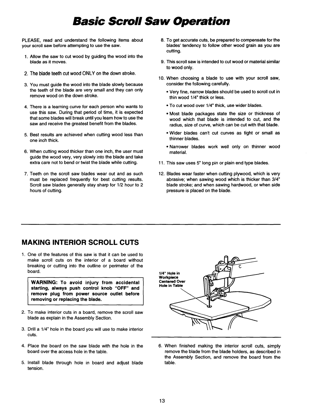 Makita SJ401 instruction manual Basic Scroll Saw Operation, Making Interior Scroll Cuts 