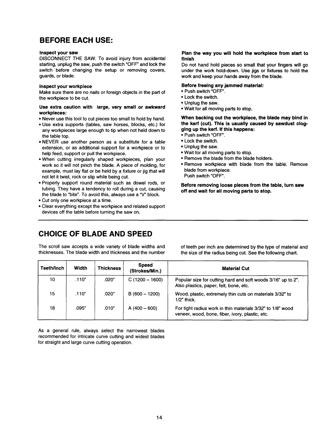 Makita SJ401 instruction manual Before Each USE, Choice of Blade and Speed 