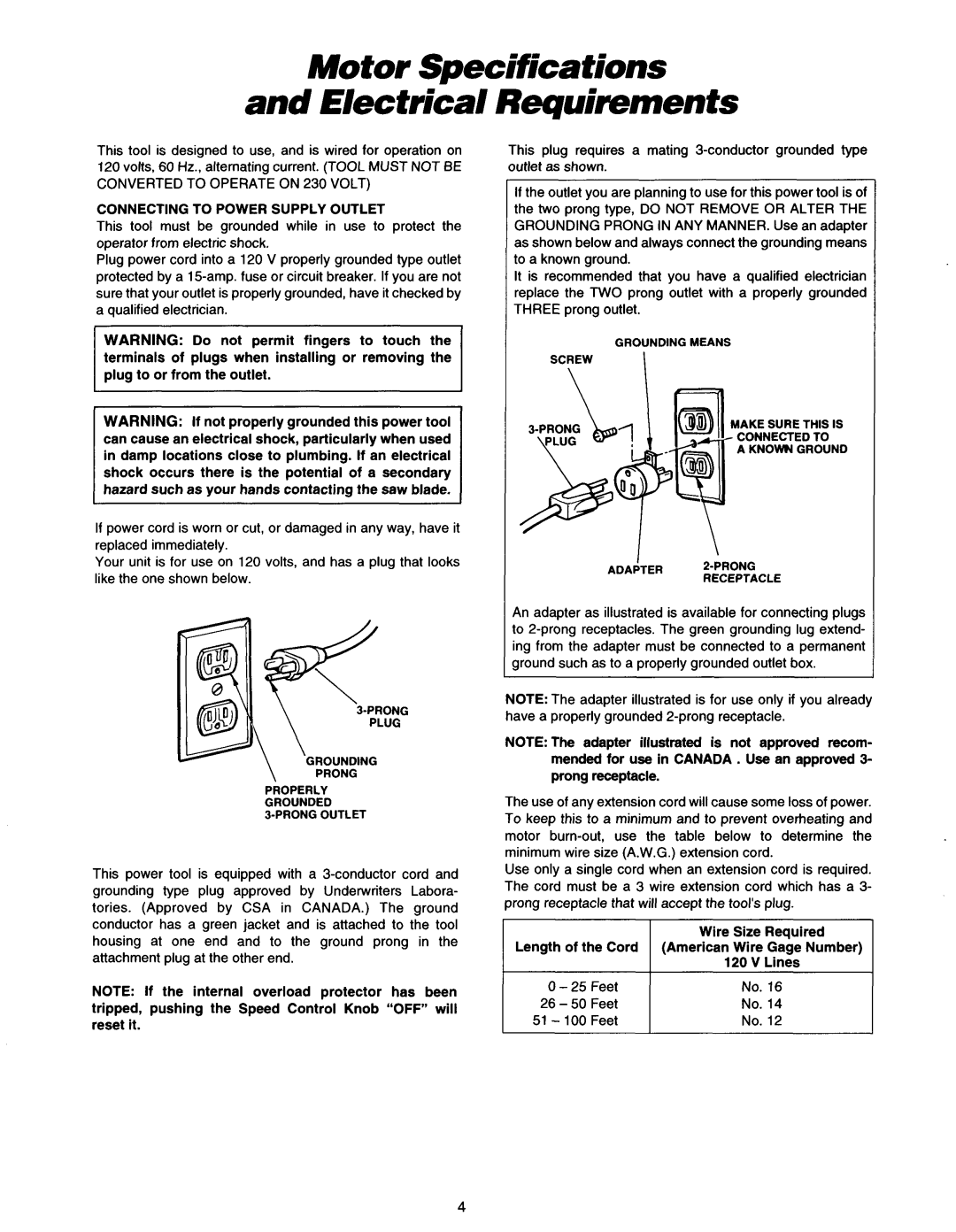 Makita SJ401 Electrical Requirements, Motor Specifications, ILength of the Cord American Wire Gage Number 120 V Lines 