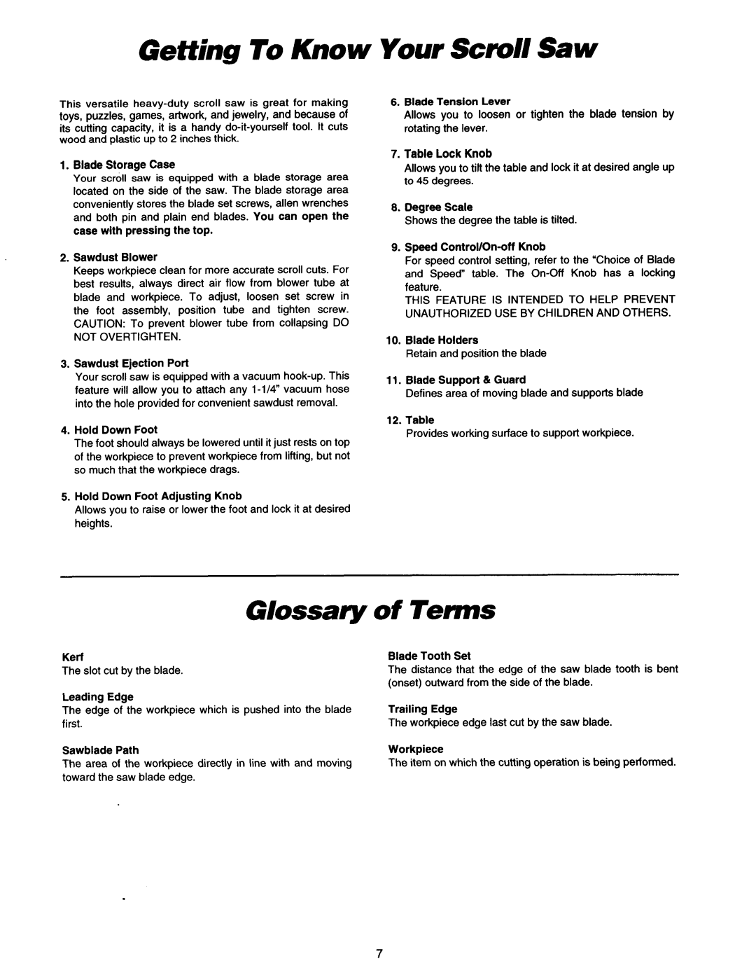 Makita SJ401 instruction manual Getting To Know Your Scroll Saw, Glossary of Tenns 