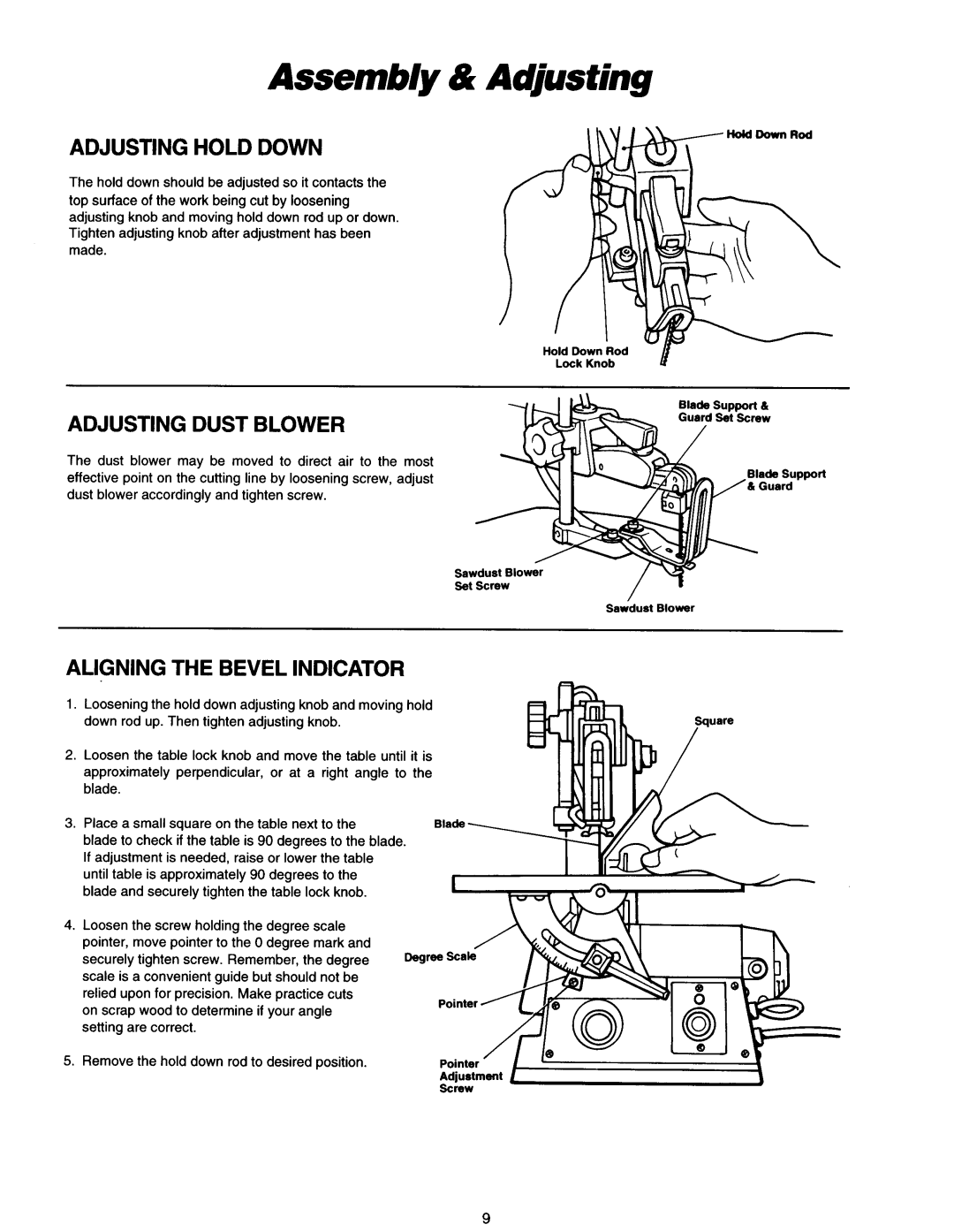 Makita SJ401 instruction manual Adjusting Hold Down, Adjusting Dust Blower, Aligning the Bevel Indicator 