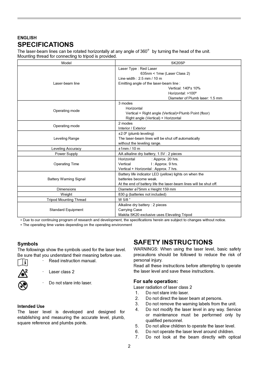 Makita SK20SP instruction manual Specifications, Safety Instructions, Symbols, For safe operation, Intended Use 