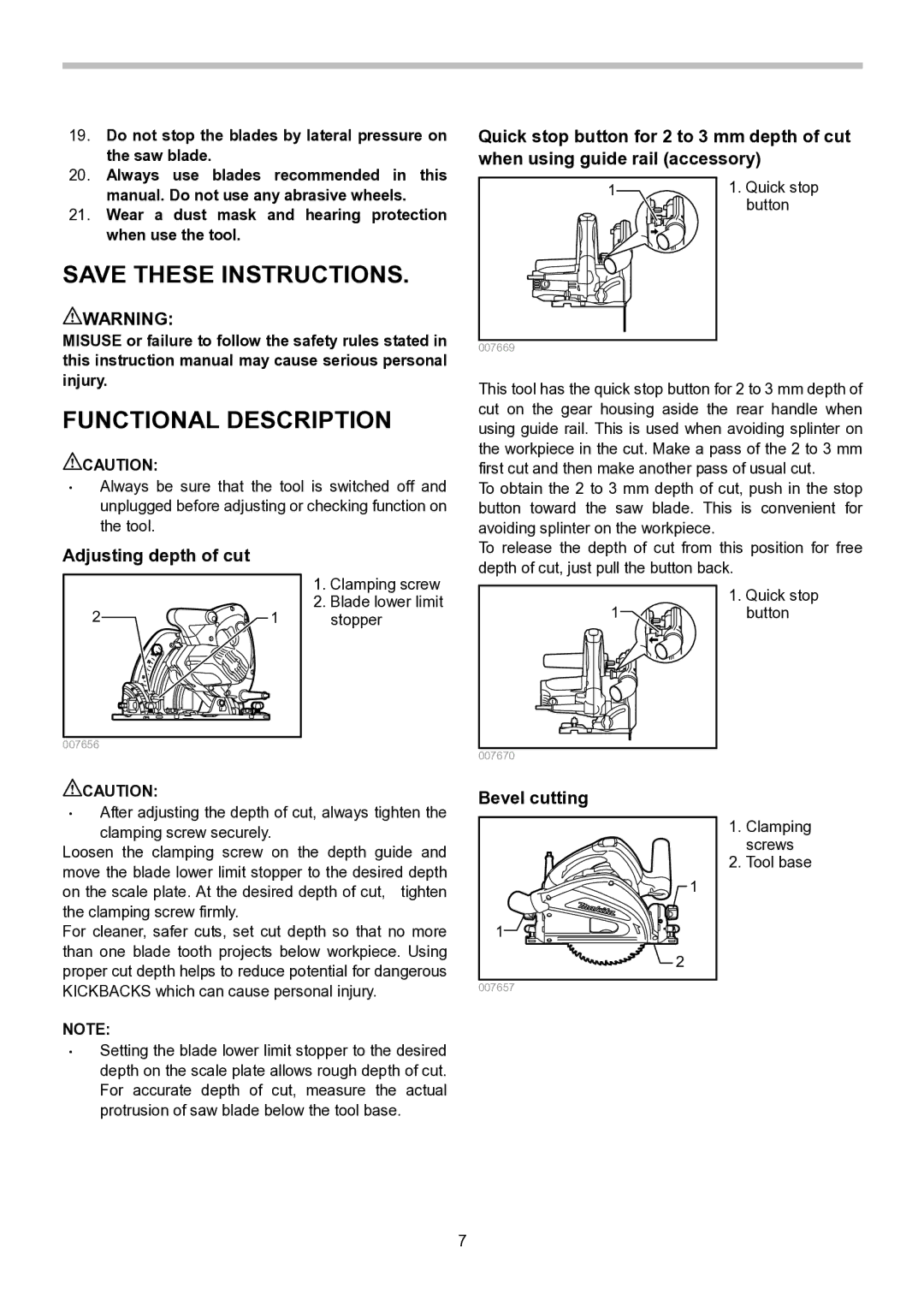 Makita SP6000 instruction manual Functional Description, Adjusting depth of cut, Bevel cutting 