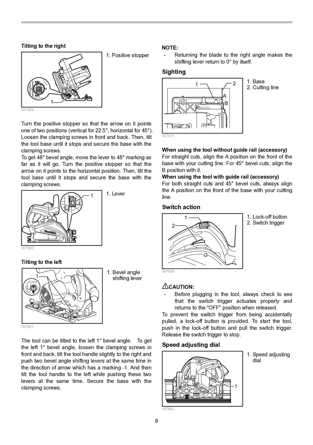 Makita SP6000 instruction manual Switch action, Speed adjusting dial, Tilting to the right, Tilting to the left 