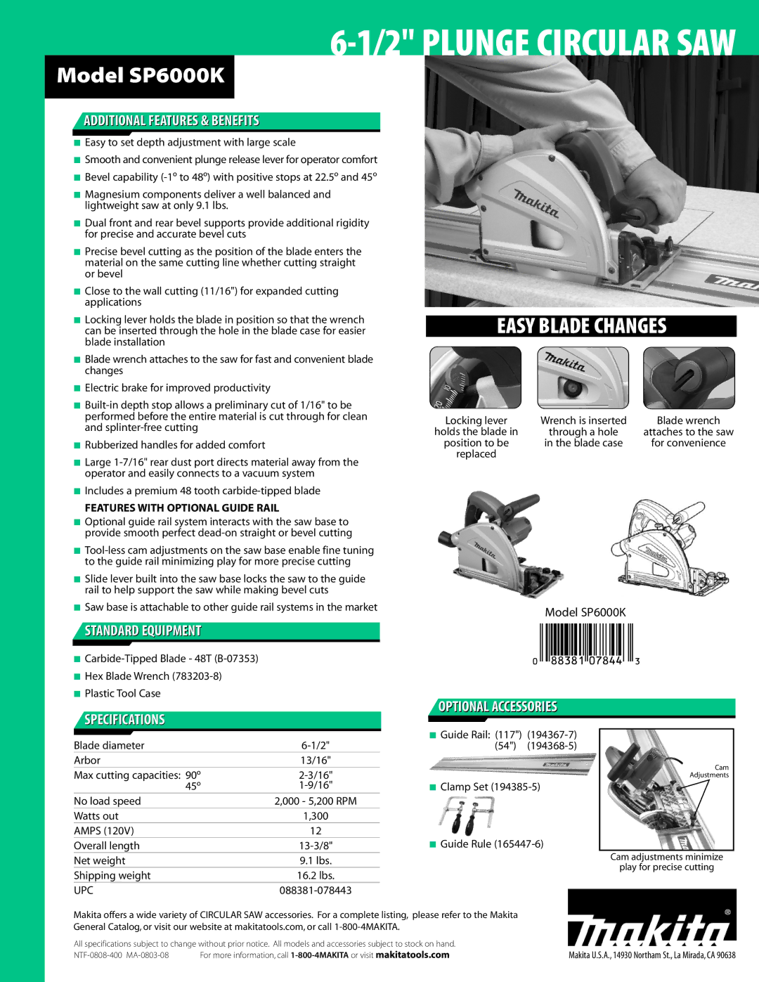 Makita SP6000K manual Additional Features & Benefits, Standard Equipment, Specifications Optional Accessories 