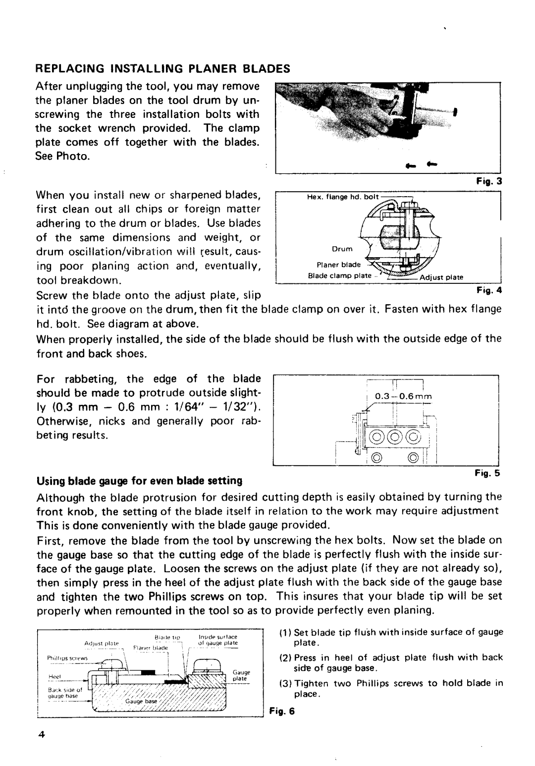 Makita SR1800 instruction manual Replacing Installing Planer Blades, Set blade tip flush with inside surface of gauge 