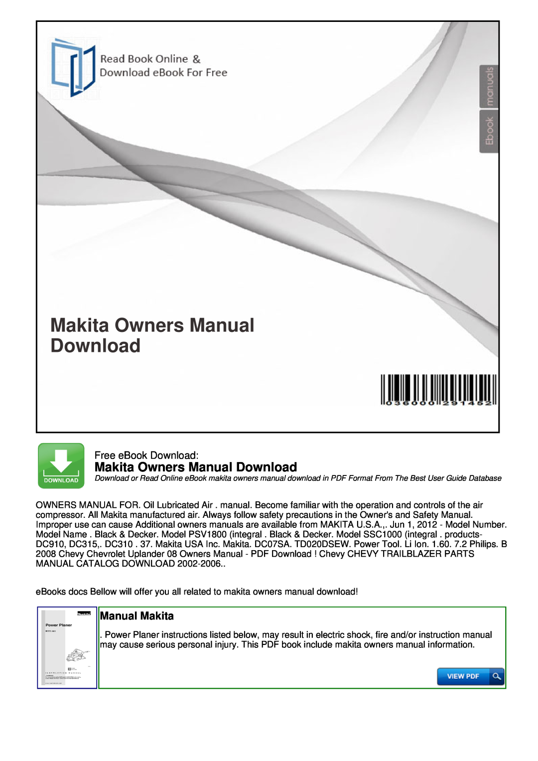 Makita TD020DSEW, SSC1000, DC07SA, DC910 owner manual Manual Makita, Makita Owners Manual Download, Free eBook Download 