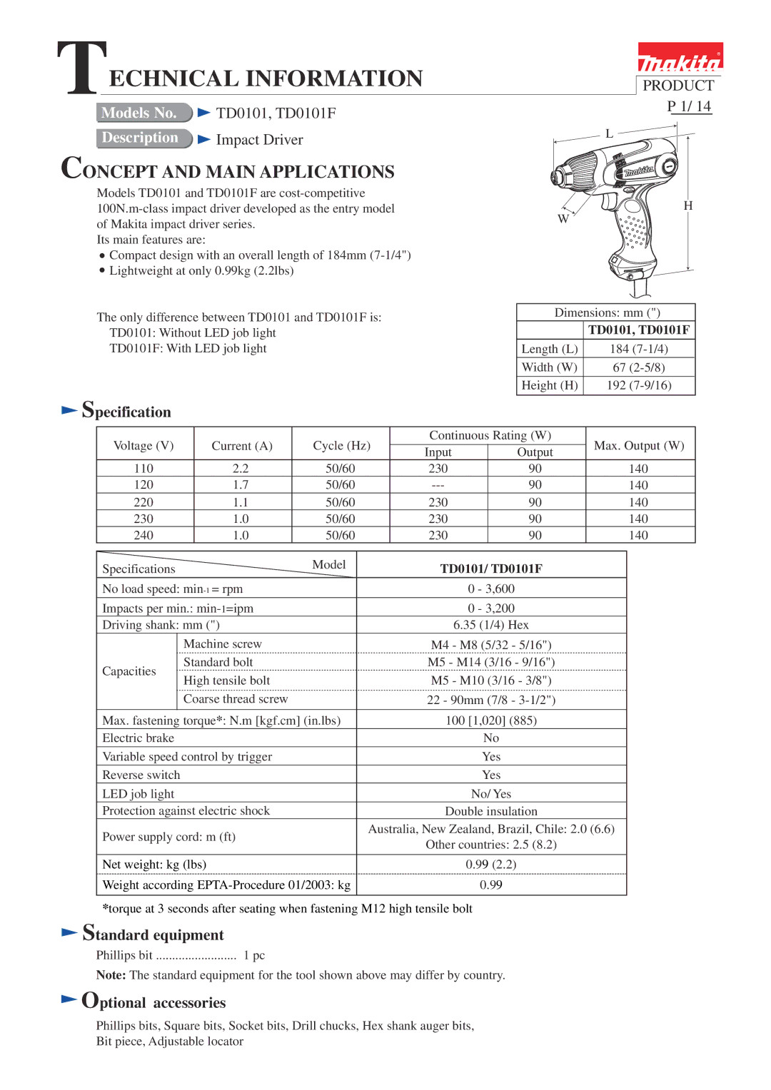 Makita specifications Specification, Optional accessories, TD0101, TD0101F, TD0101/ TD0101F 