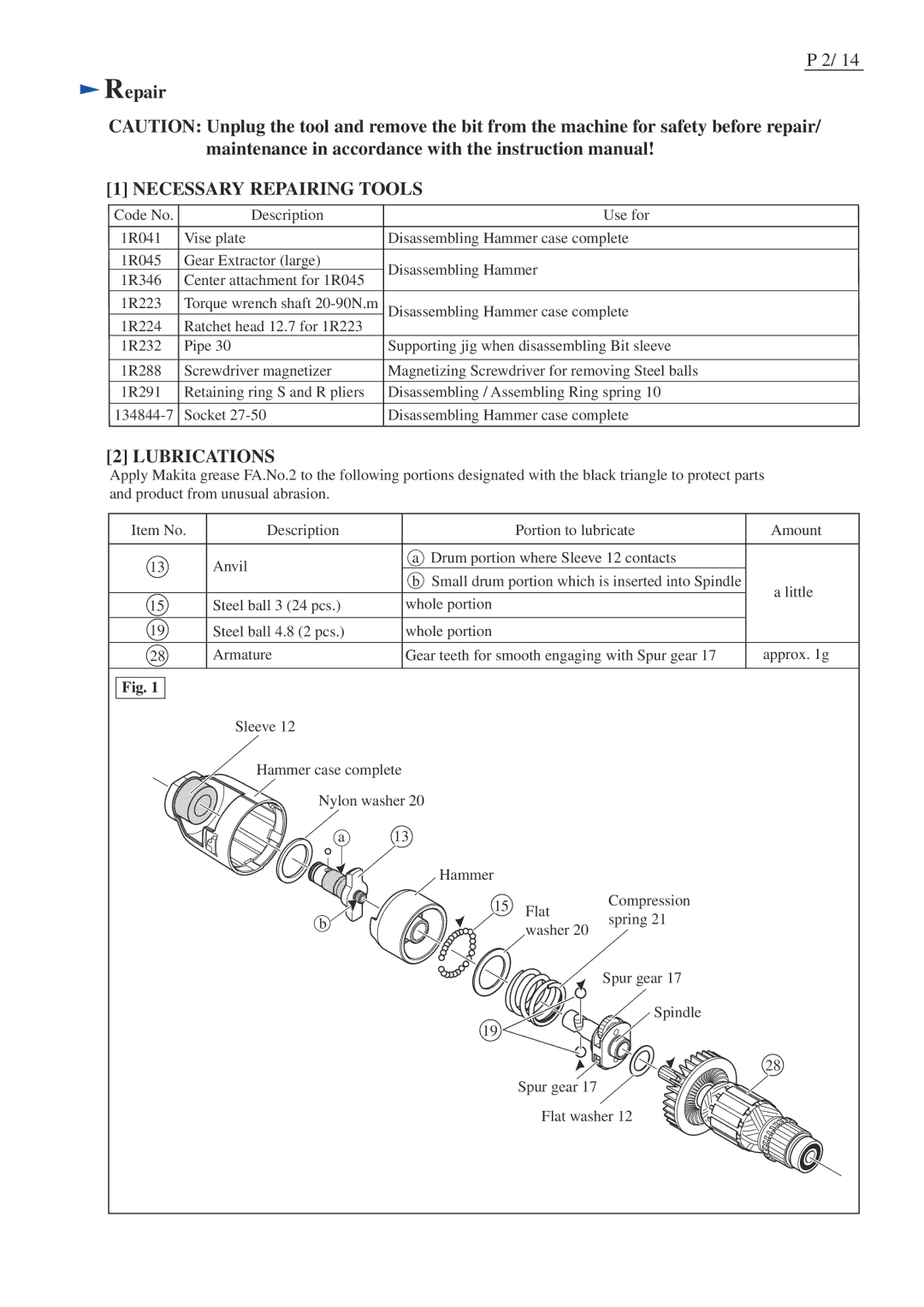 Makita TD0101F specifications Necessary Repairing Tools 