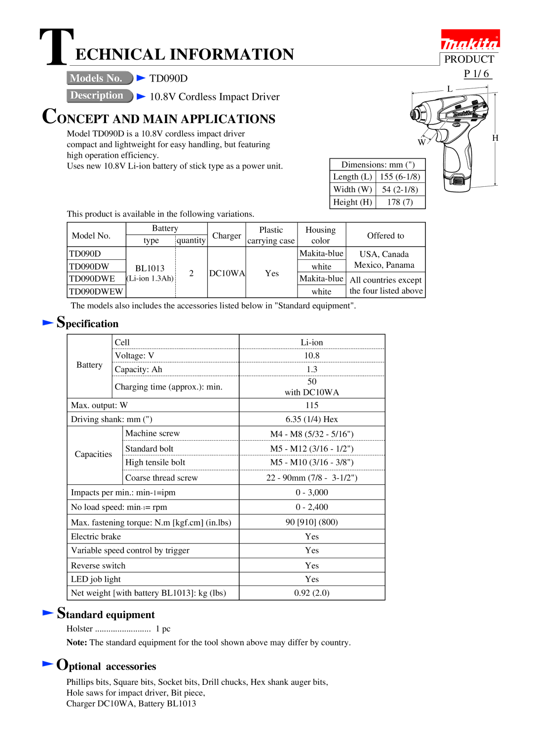 Makita TD090D specifications Specification, Standard equipment, Optional accessories 