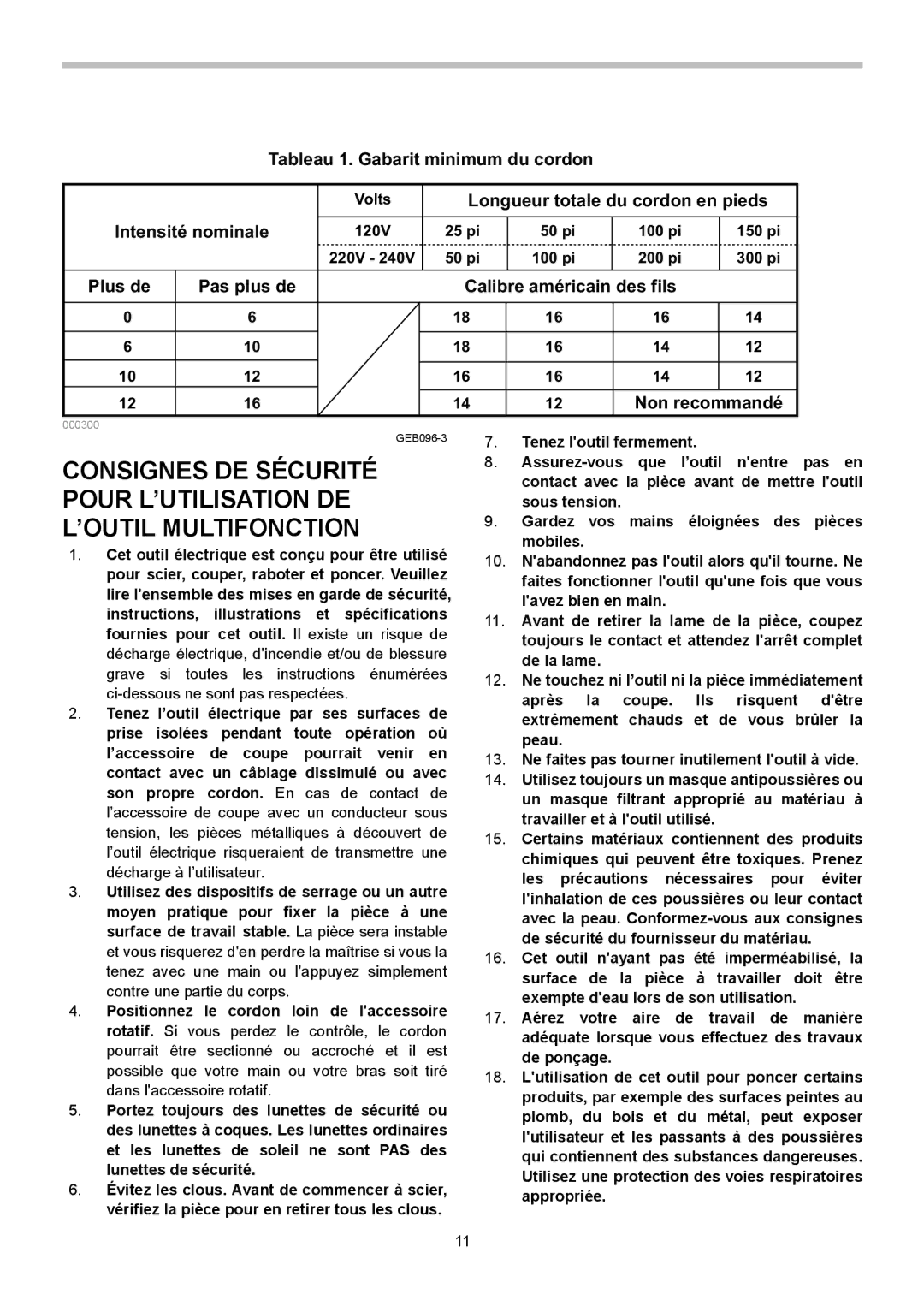 Makita TM3000C Tableau 1. Gabarit minimum du cordon, Longueur totale du cordon en pieds, Intensité nominale 