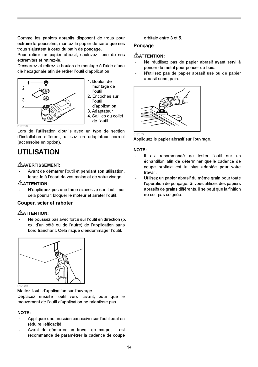 Makita TM3000C instruction manual Utilisation, Couper, scier et raboter, Ponçage 