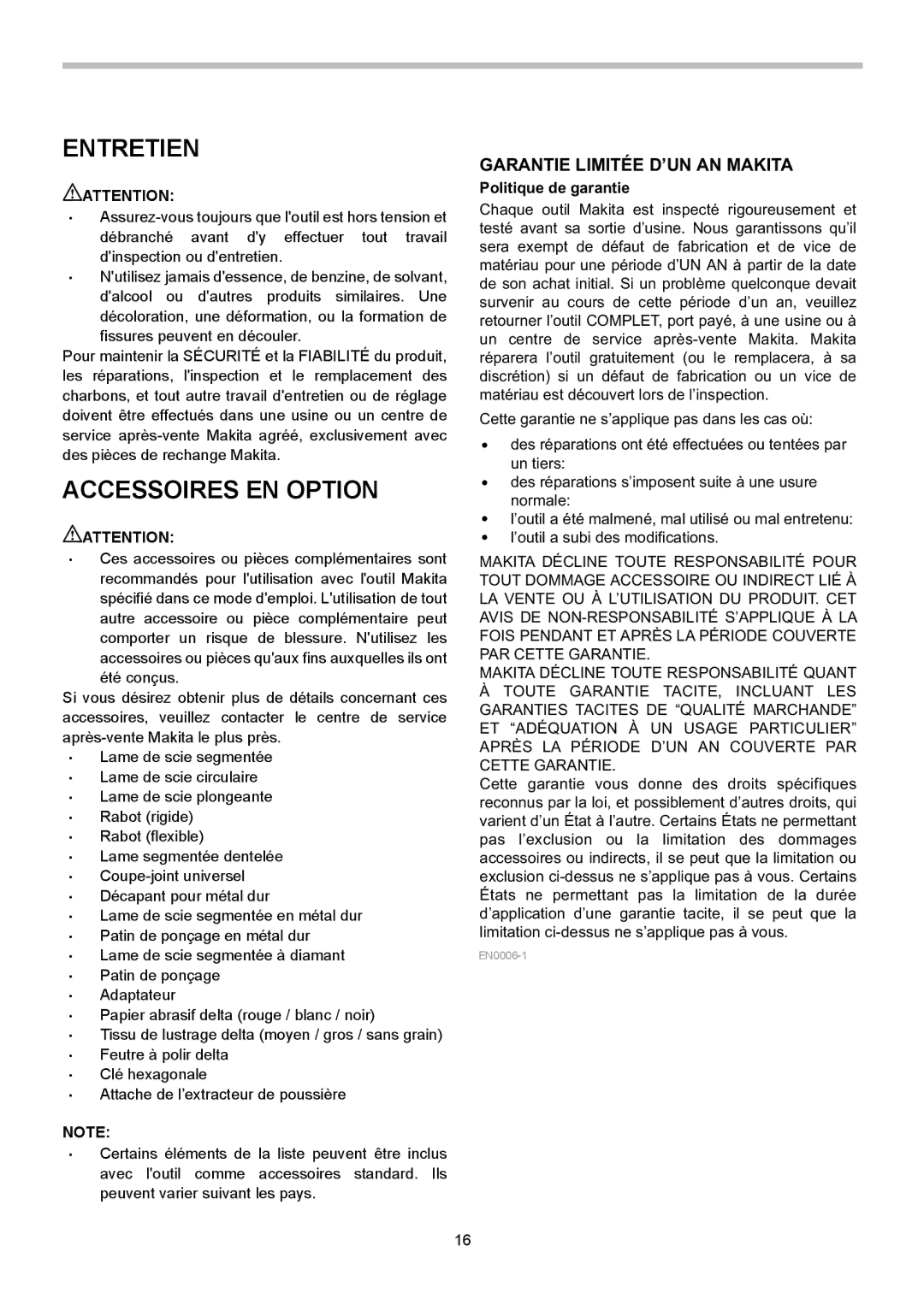 Makita TM3000C instruction manual Entretien, Accessoires EN Option, Politique de garantie 