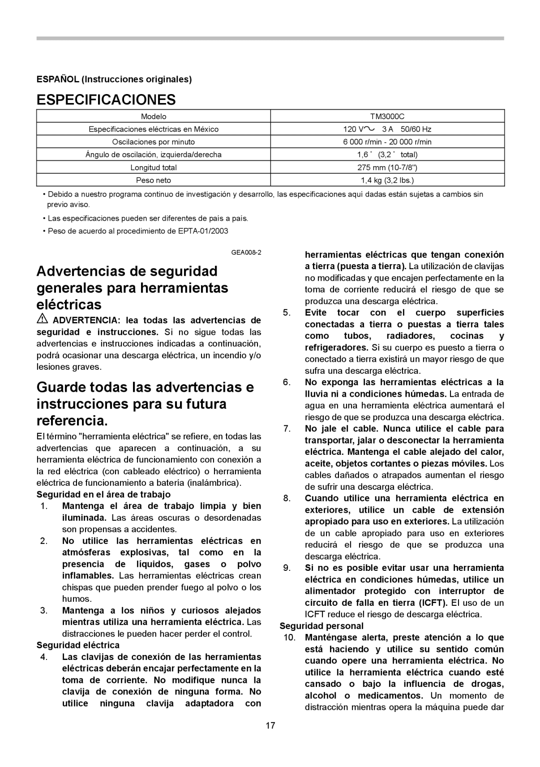 Makita TM3000C instruction manual Especificaciones, Español Instrucciones originales 