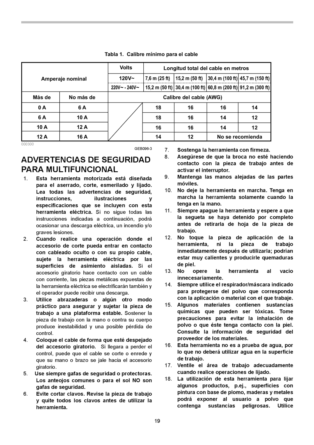 Makita TM3000C instruction manual 15,2 m 50 ft, Más de, Calibre del cable AWG 10 a 12 a 16 a No se recomienda 