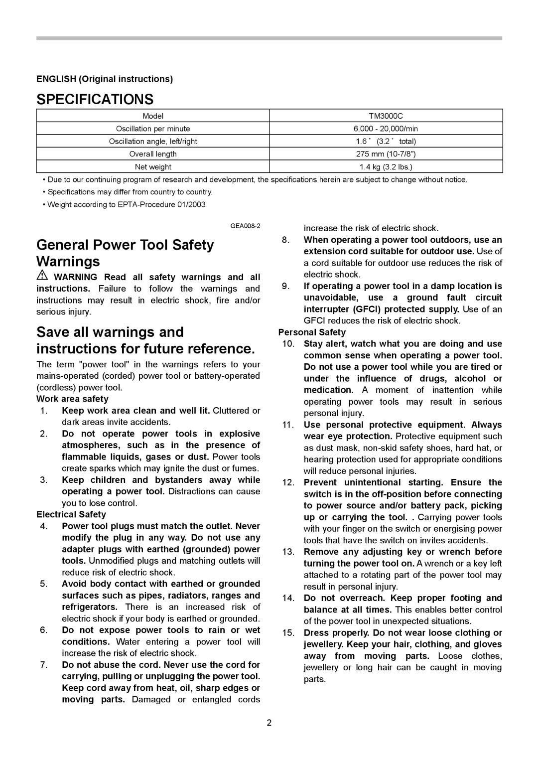 Makita TM3000C instruction manual Specifications, English Original instructions 