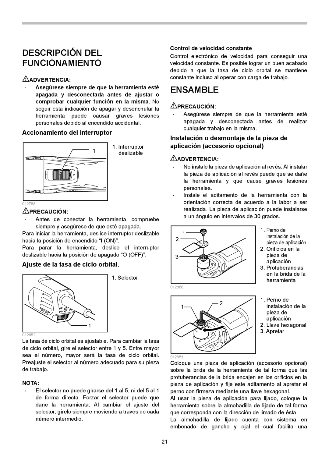 Makita TM3000C Descripción DEL Funcionamiento, Ensamble, Accionamiento del interruptor, Ajuste de la tasa de ciclo orbital 