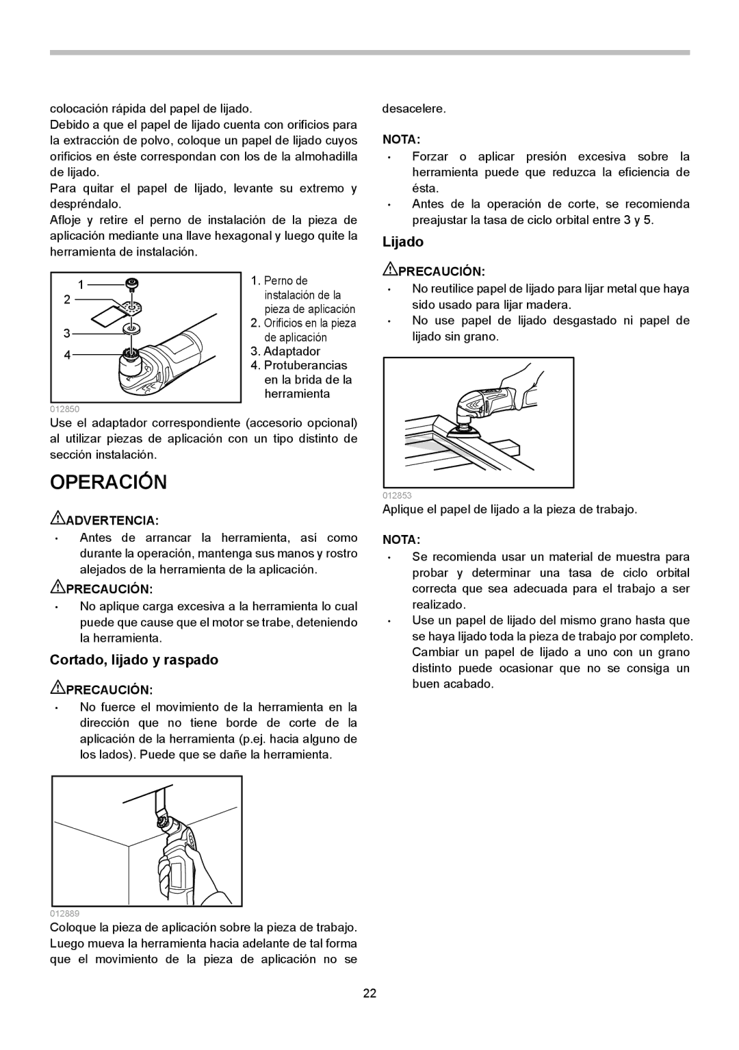 Makita TM3000C instruction manual Operación, Cortado, lijado y raspado, Lijado 