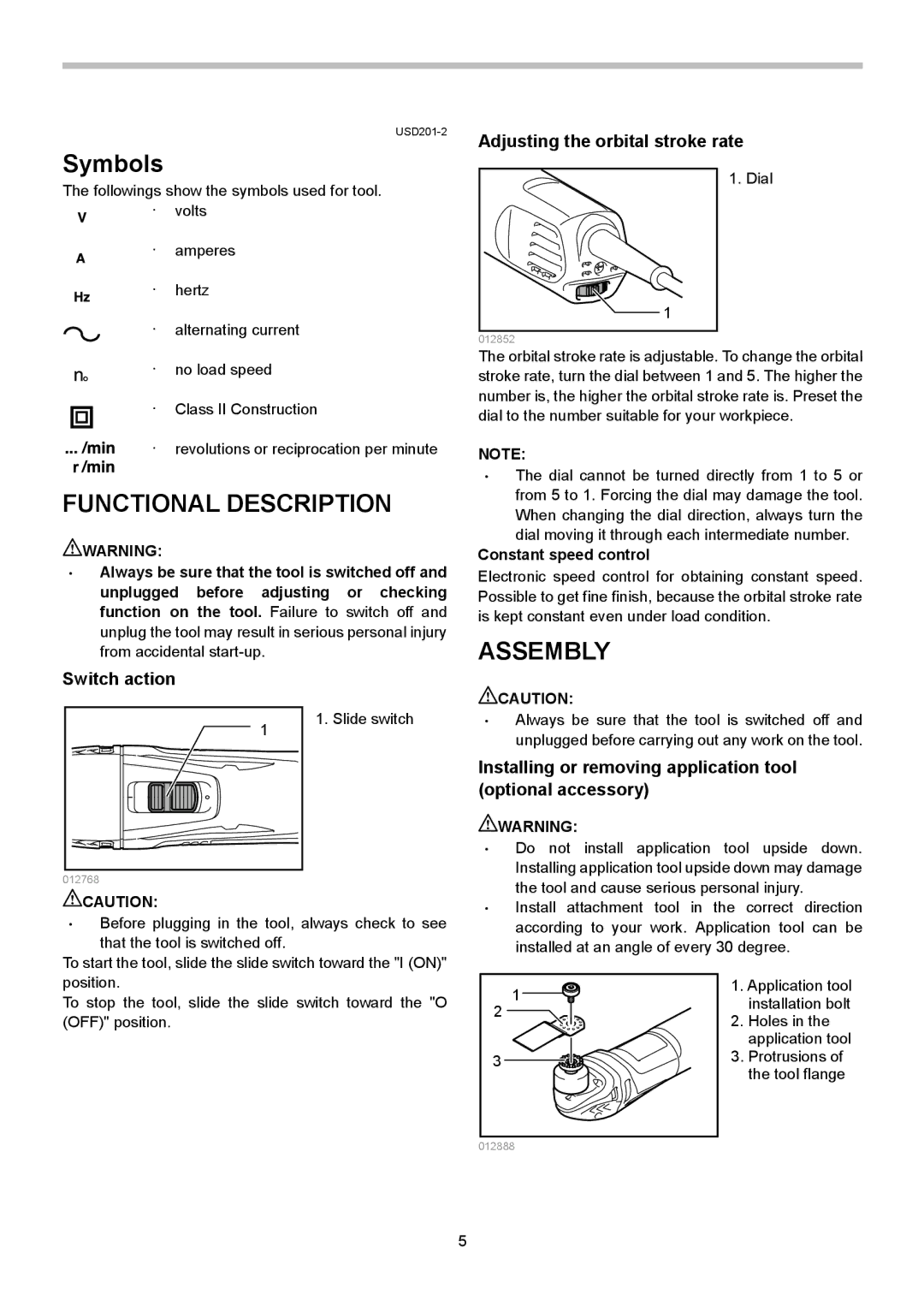 Makita TM3000C instruction manual Functional Description, Assembly, Switch action, Adjusting the orbital stroke rate 