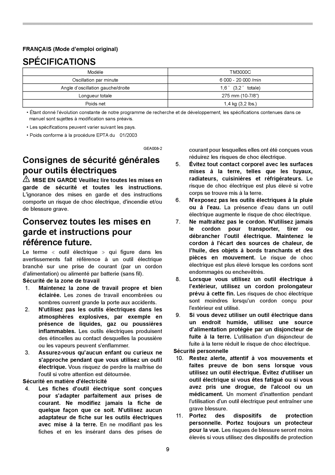 Makita TM3000C instruction manual Spécifications, Français Mode d’emploi original 