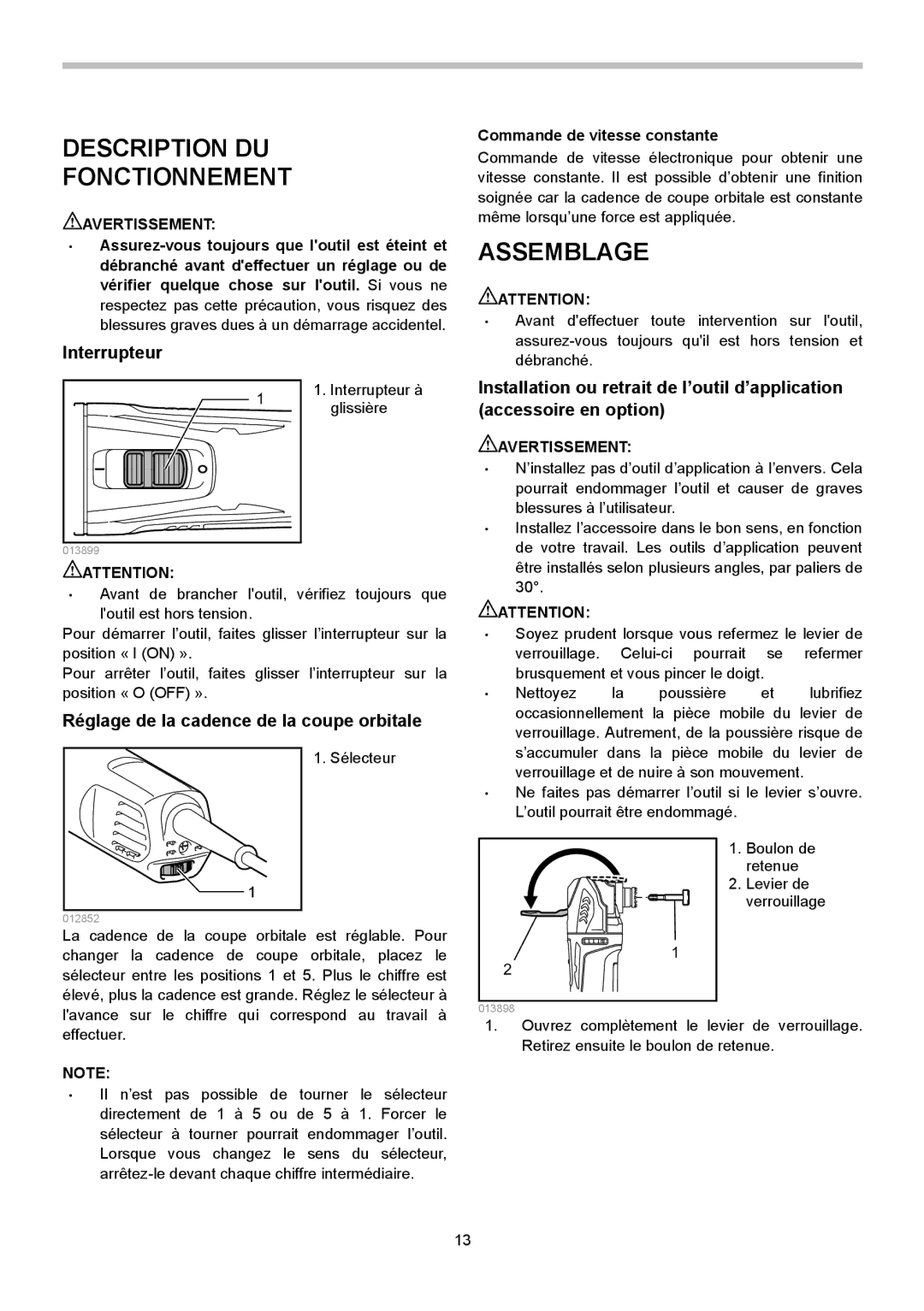 Makita TM3010C Description DU Fonctionnement, Assemblage, Interrupteur, Réglage de la cadence de la coupe orbitale 