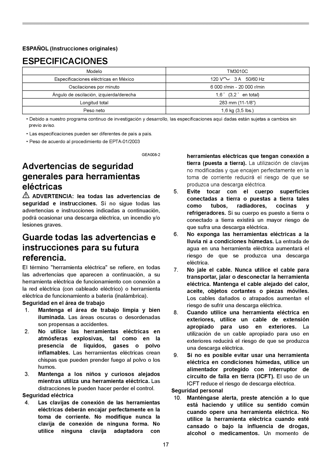 Makita TM3010C instruction manual Especificaciones, Español Instrucciones originales 