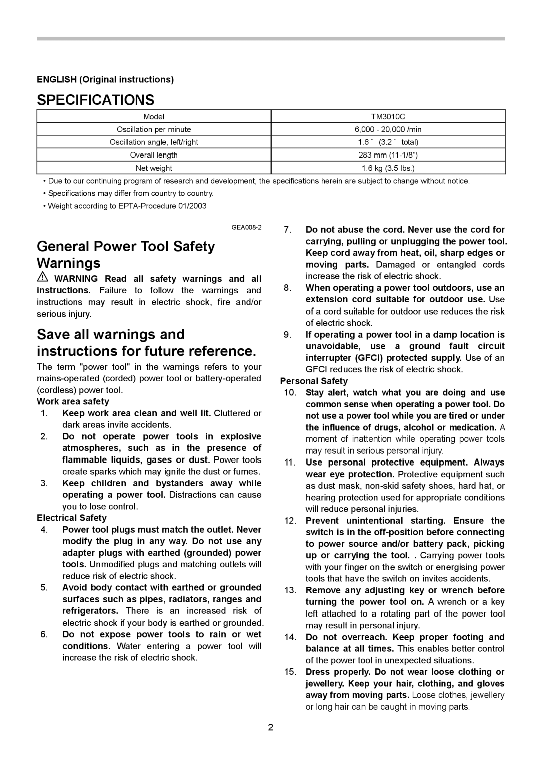 Makita TM3010C instruction manual Specifications, English Original instructions 