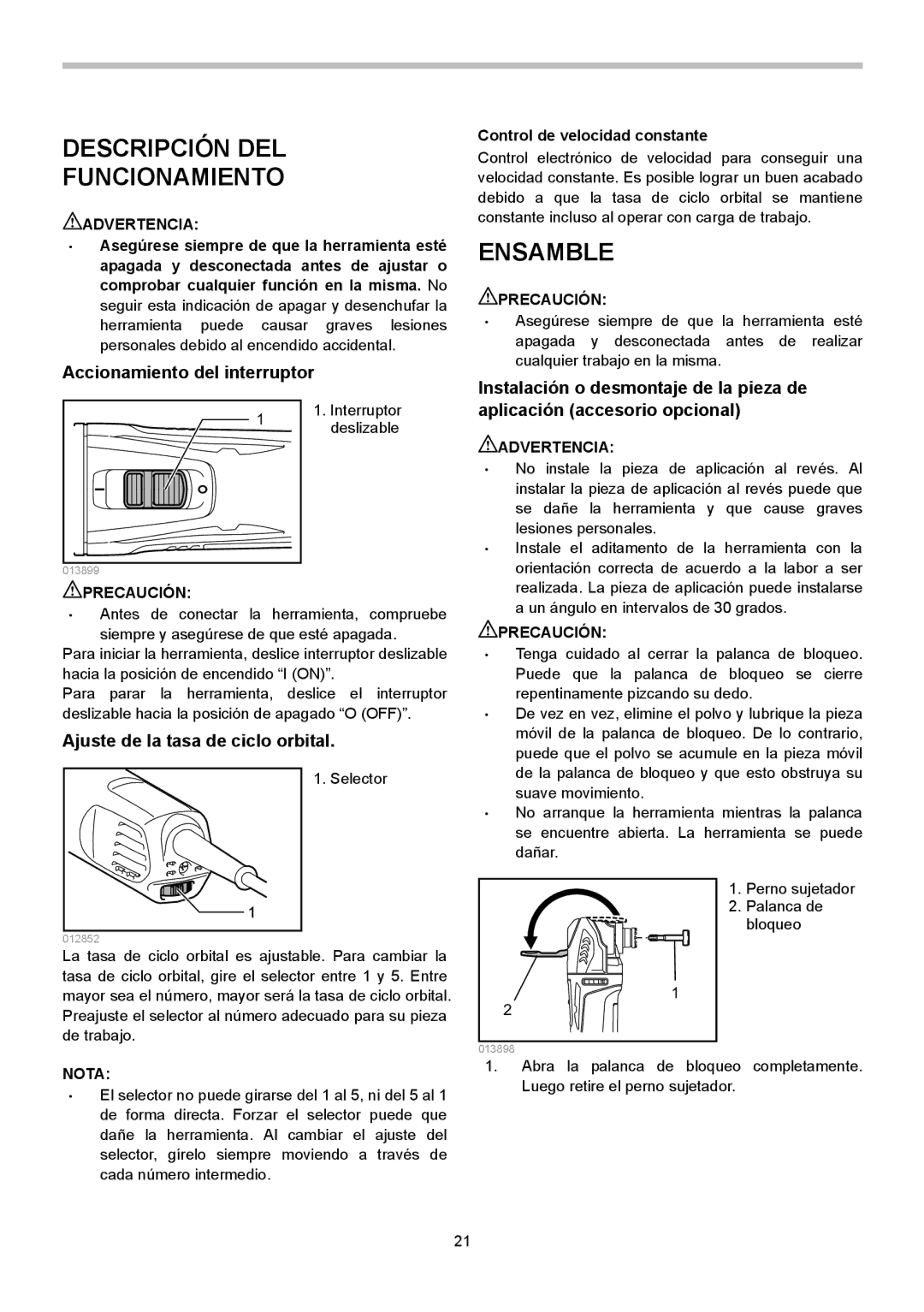 Makita TM3010C Descripción DEL Funcionamiento, Ensamble, Accionamiento del interruptor, Ajuste de la tasa de ciclo orbital 