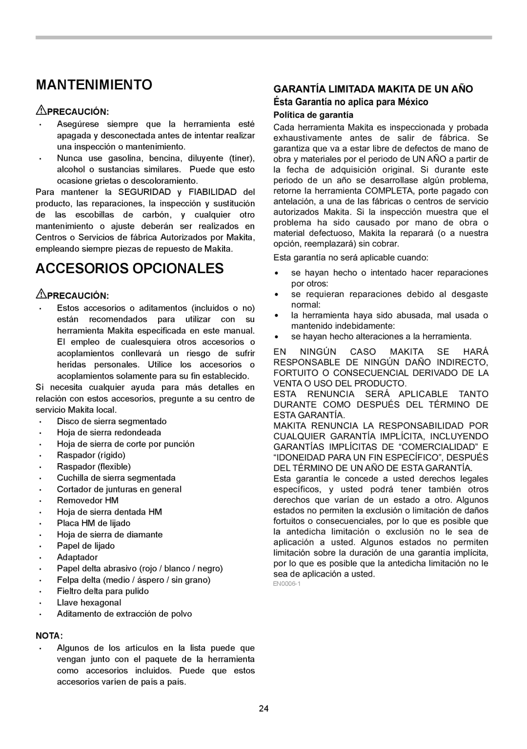 Makita TM3010C instruction manual Mantenimiento, Accesorios Opcionales, Política de garantía 