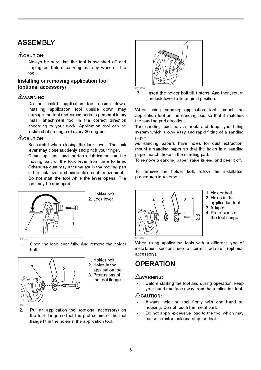 Makita TM3010C instruction manual Assembly, Operation, Installing or removing application tool optional accessory 