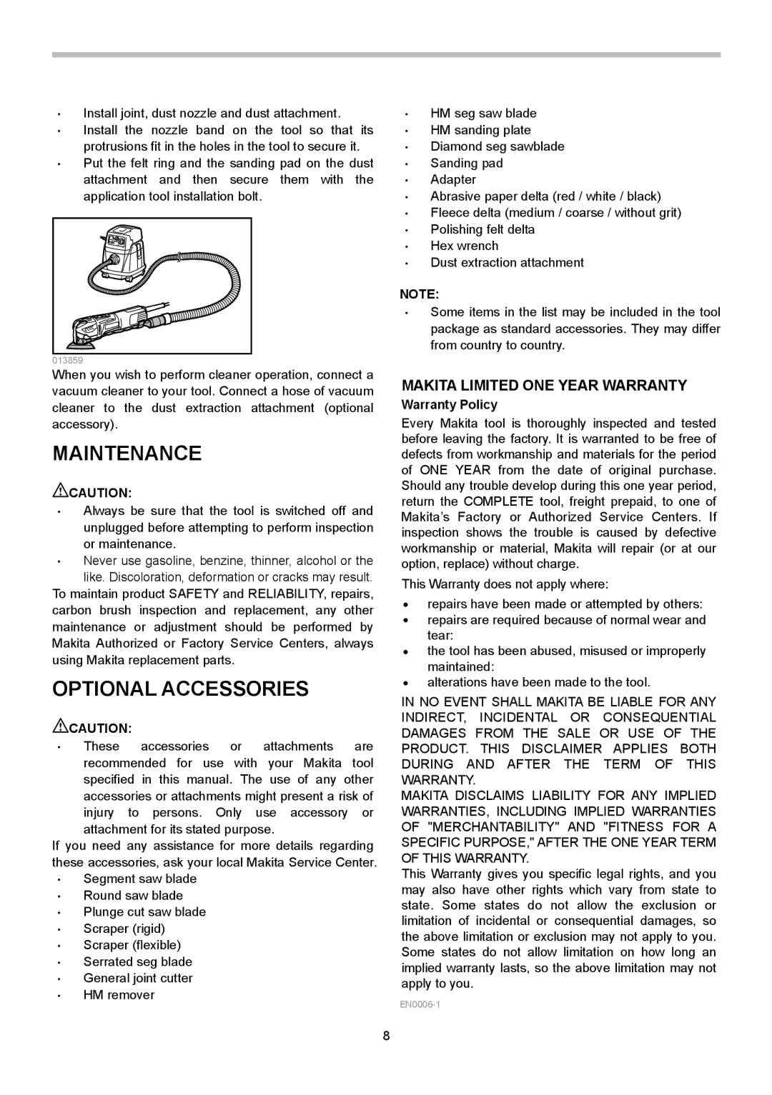 Makita TM3010C instruction manual Maintenance, Optional Accessories, Warranty Policy 